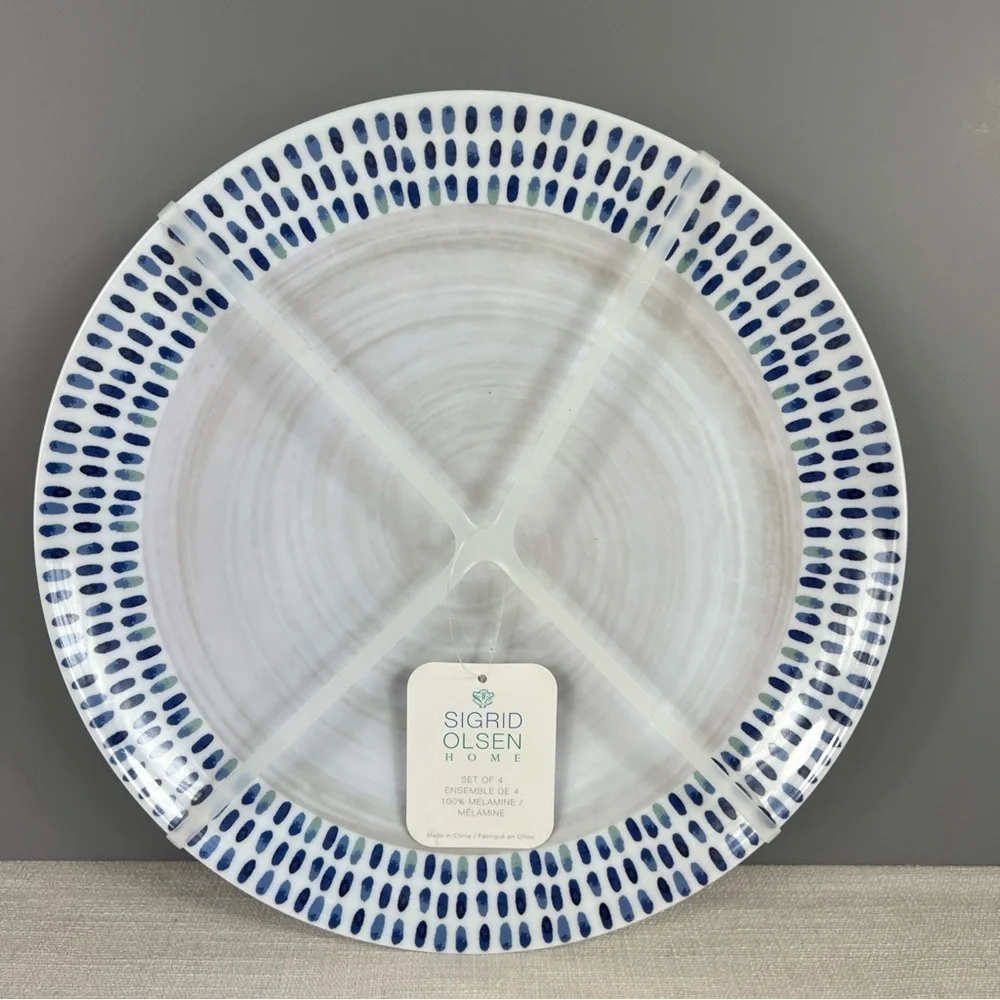 Sigrid Olsen Melamine Dinner Plates Modern Blue White Grey Pattern Set of 4 NEW